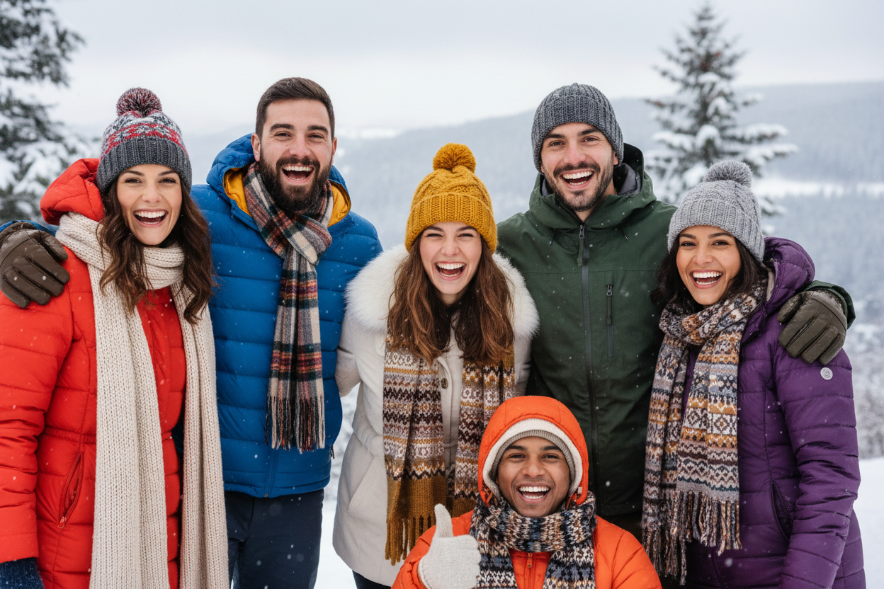images of people in winter wear smiling